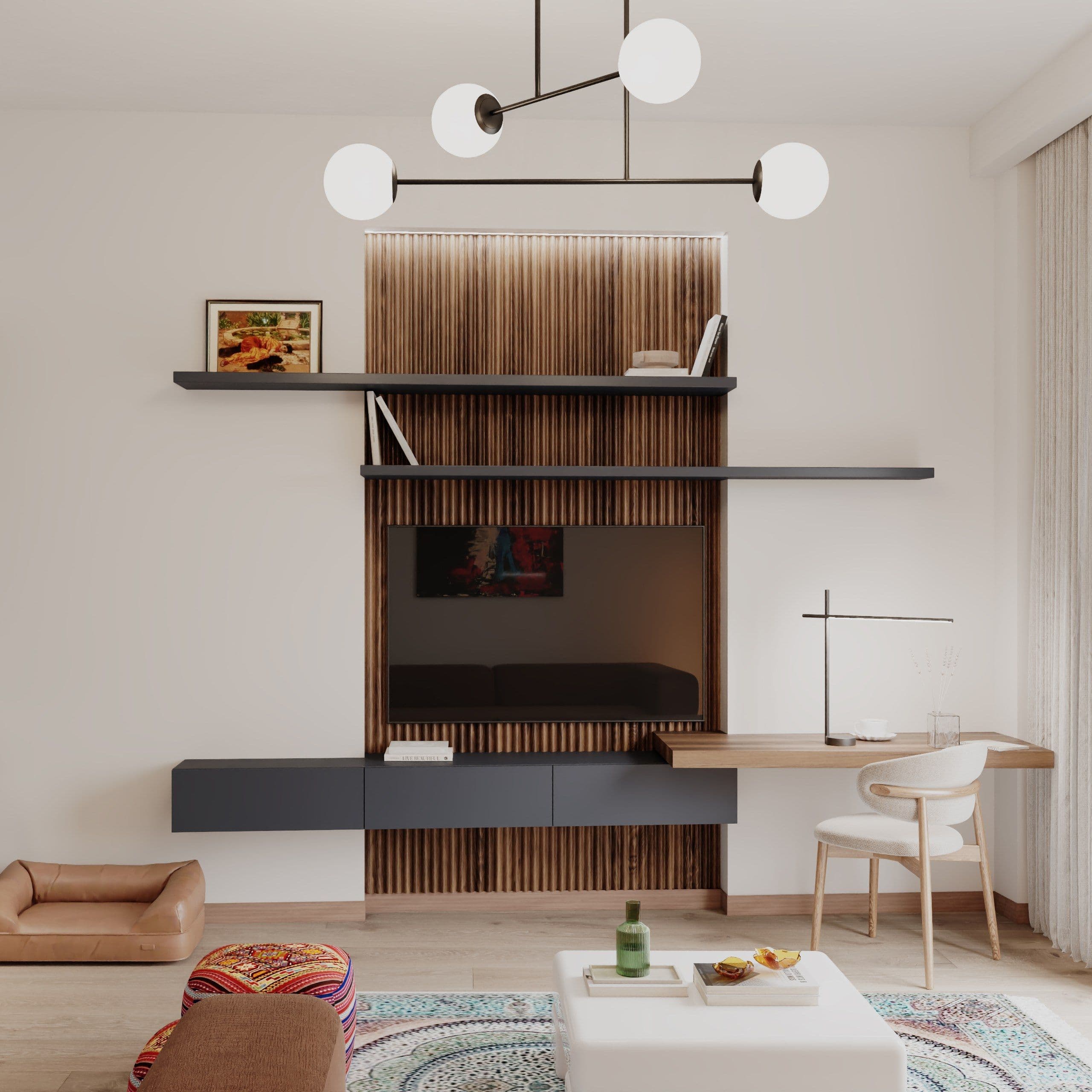 Living area with a fluted timber media wall, a desk and floor cushions