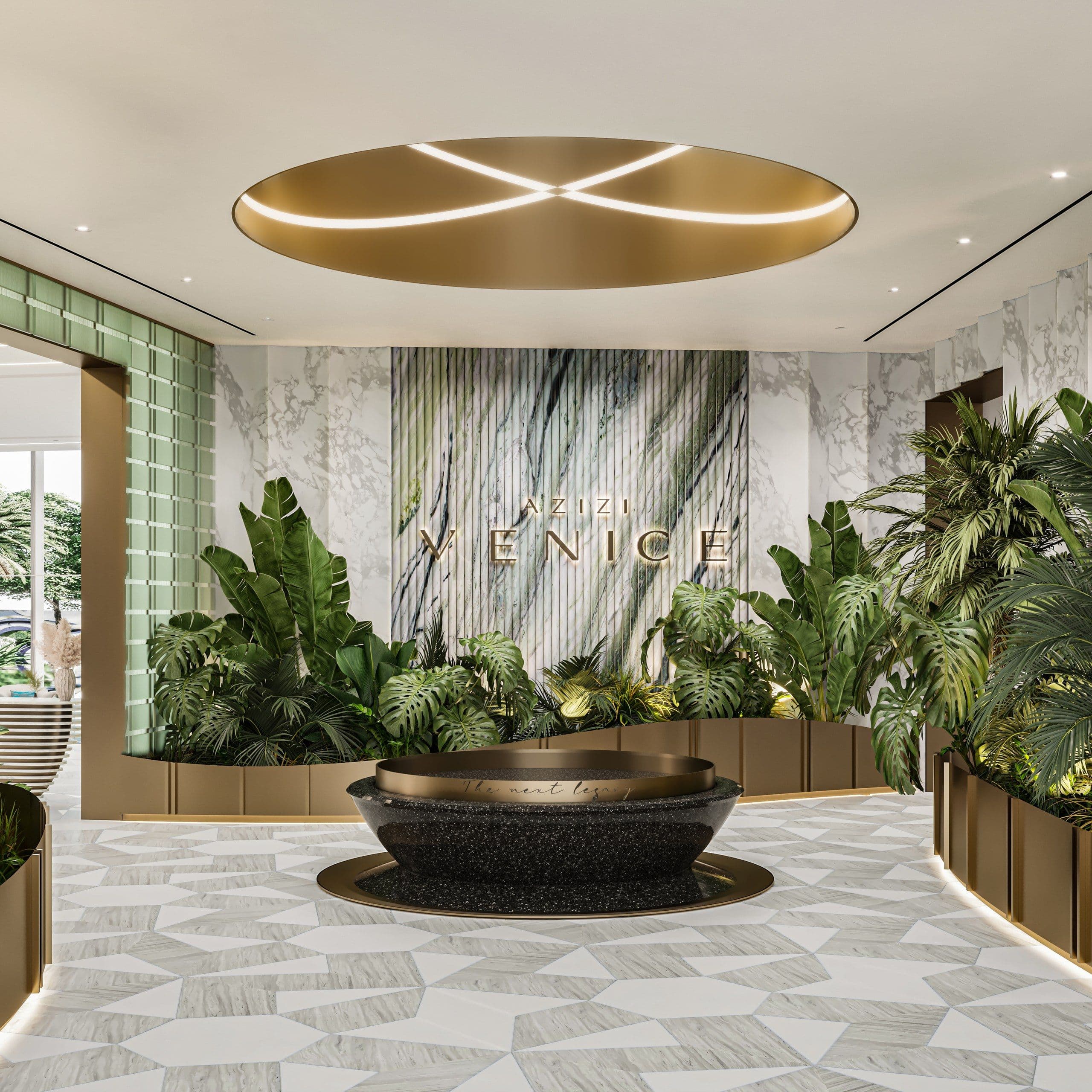 Arrival area with a green marble feature wall, dense planting and a bronze bowl