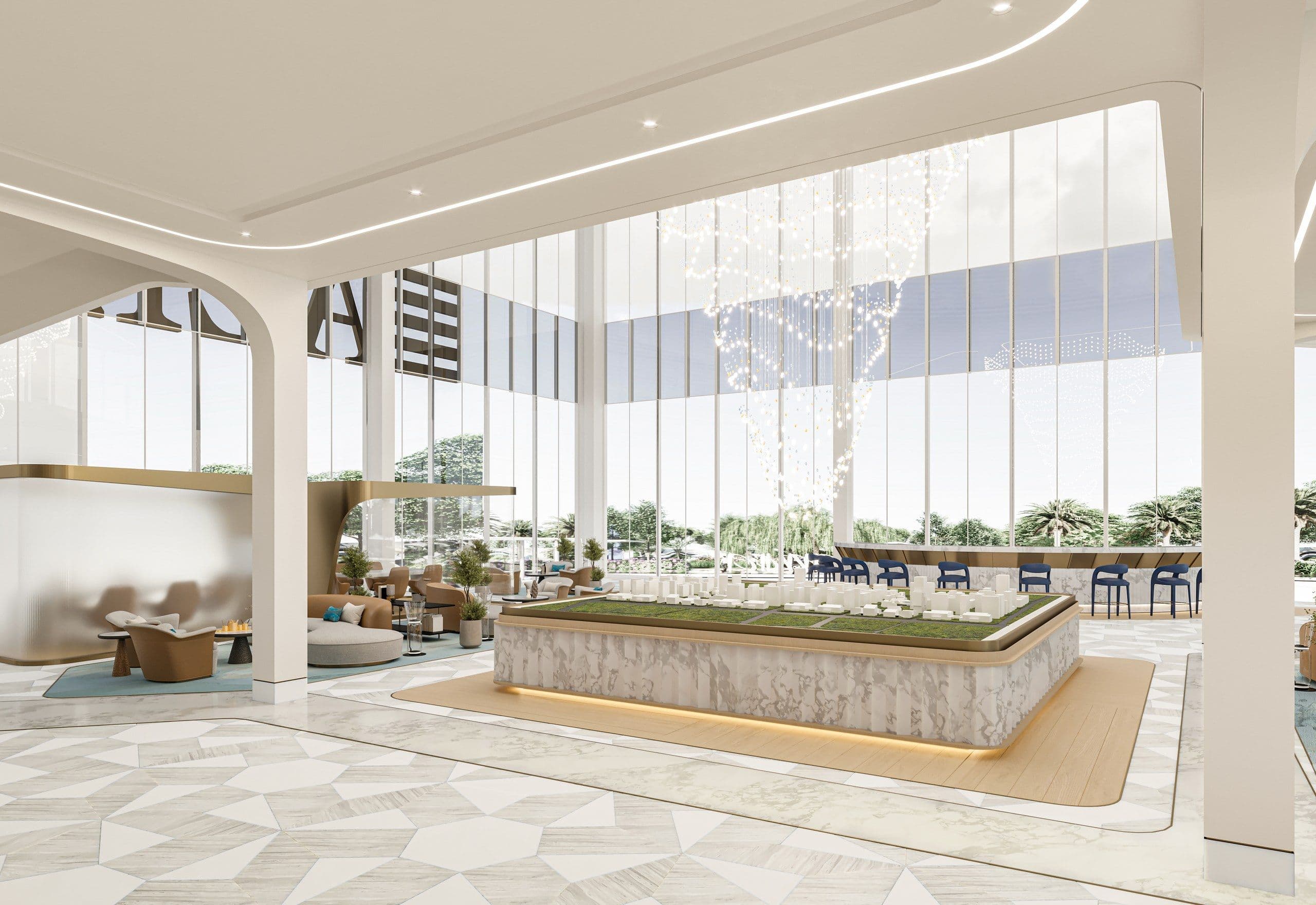 Sales floor with a central model display and lounge seating by the windows
