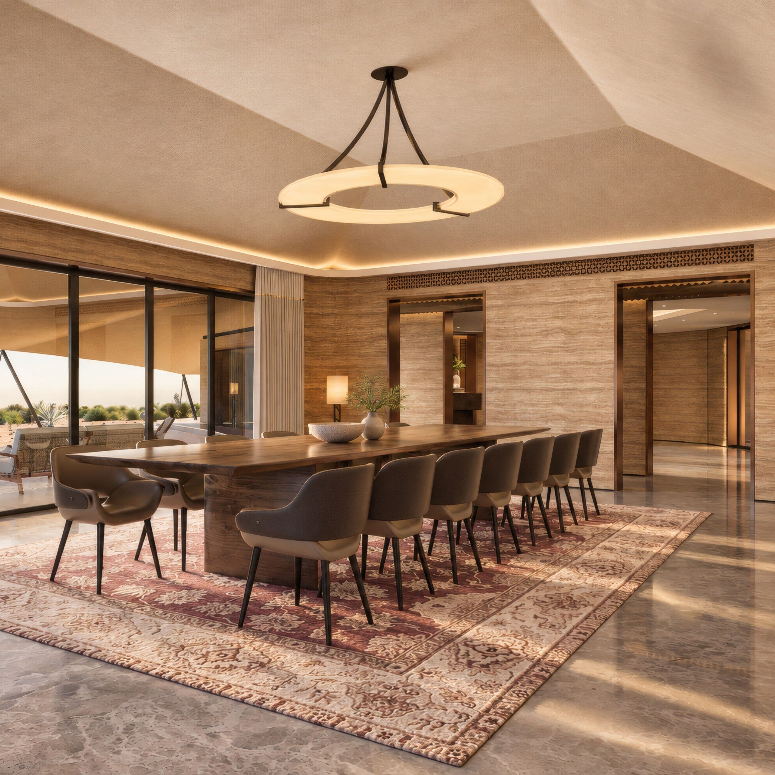 Dining room with a long table for fourteen under a ring pendant, framed by desert views