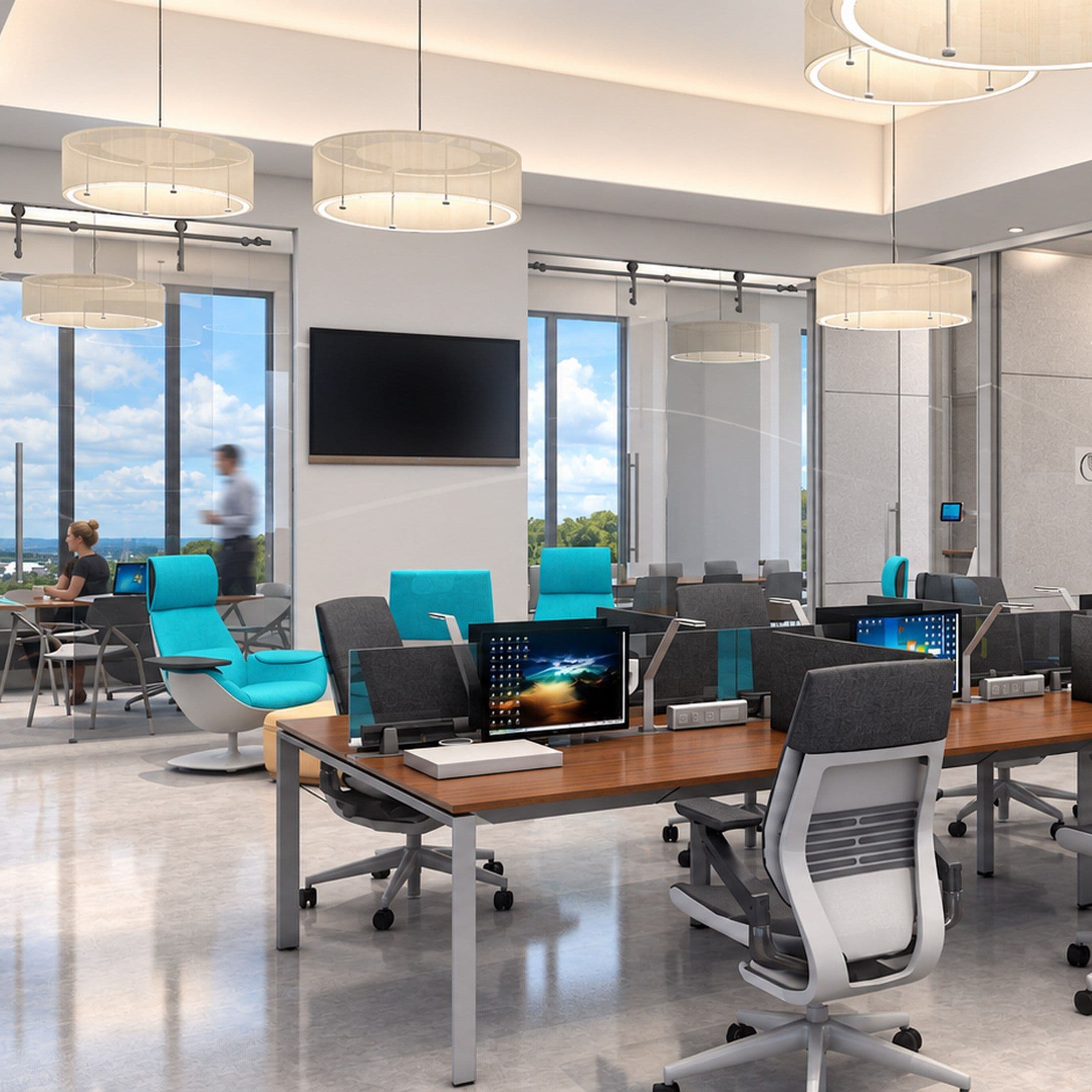 Open plan workstations with teal chairs and a wall mounted screen