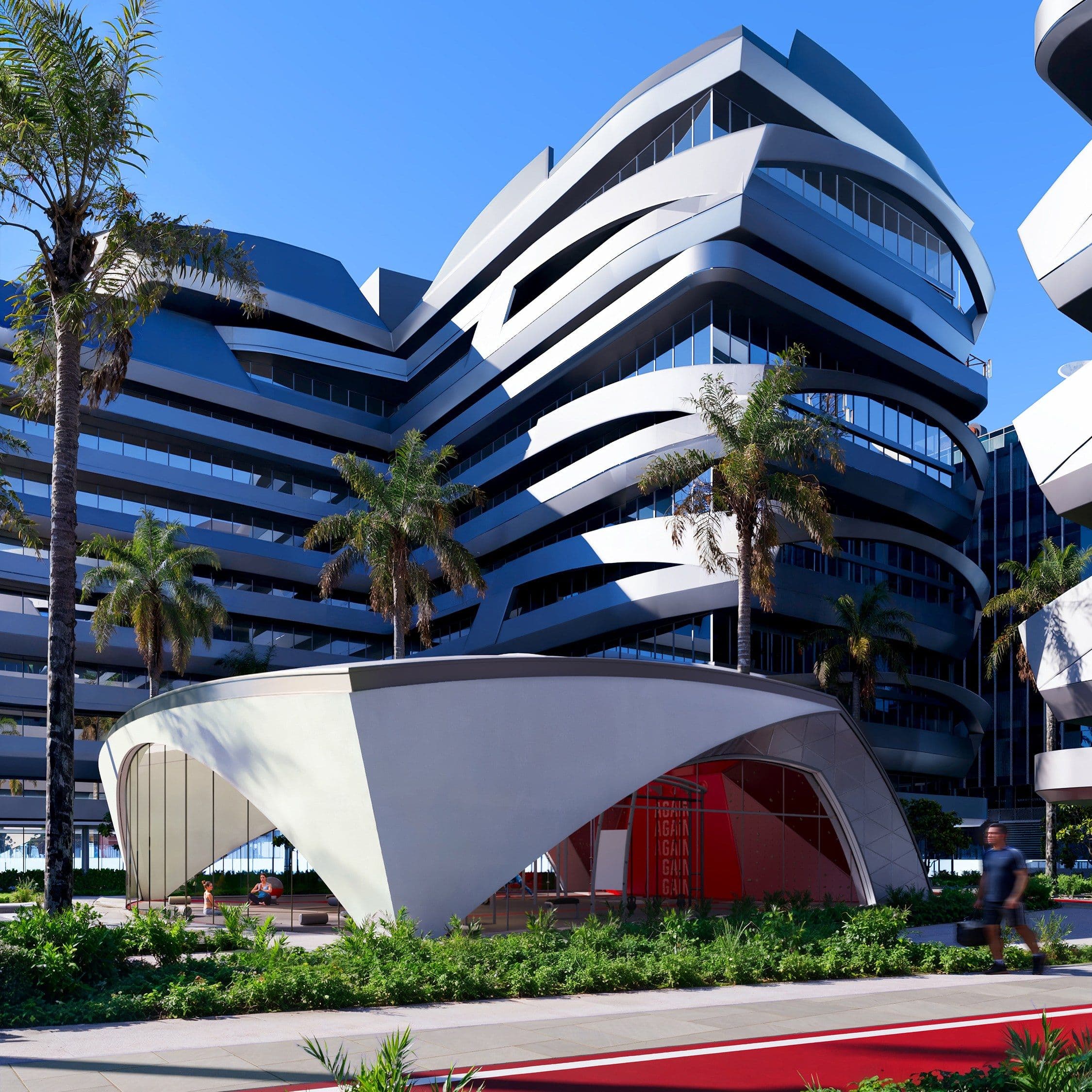 Towers with sculptural white balconies above a curved canopy