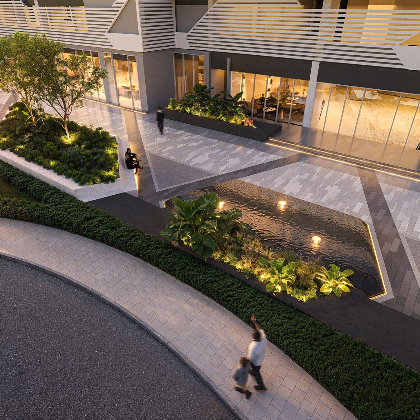 Podium walkway with planting, water and seating beside the residences