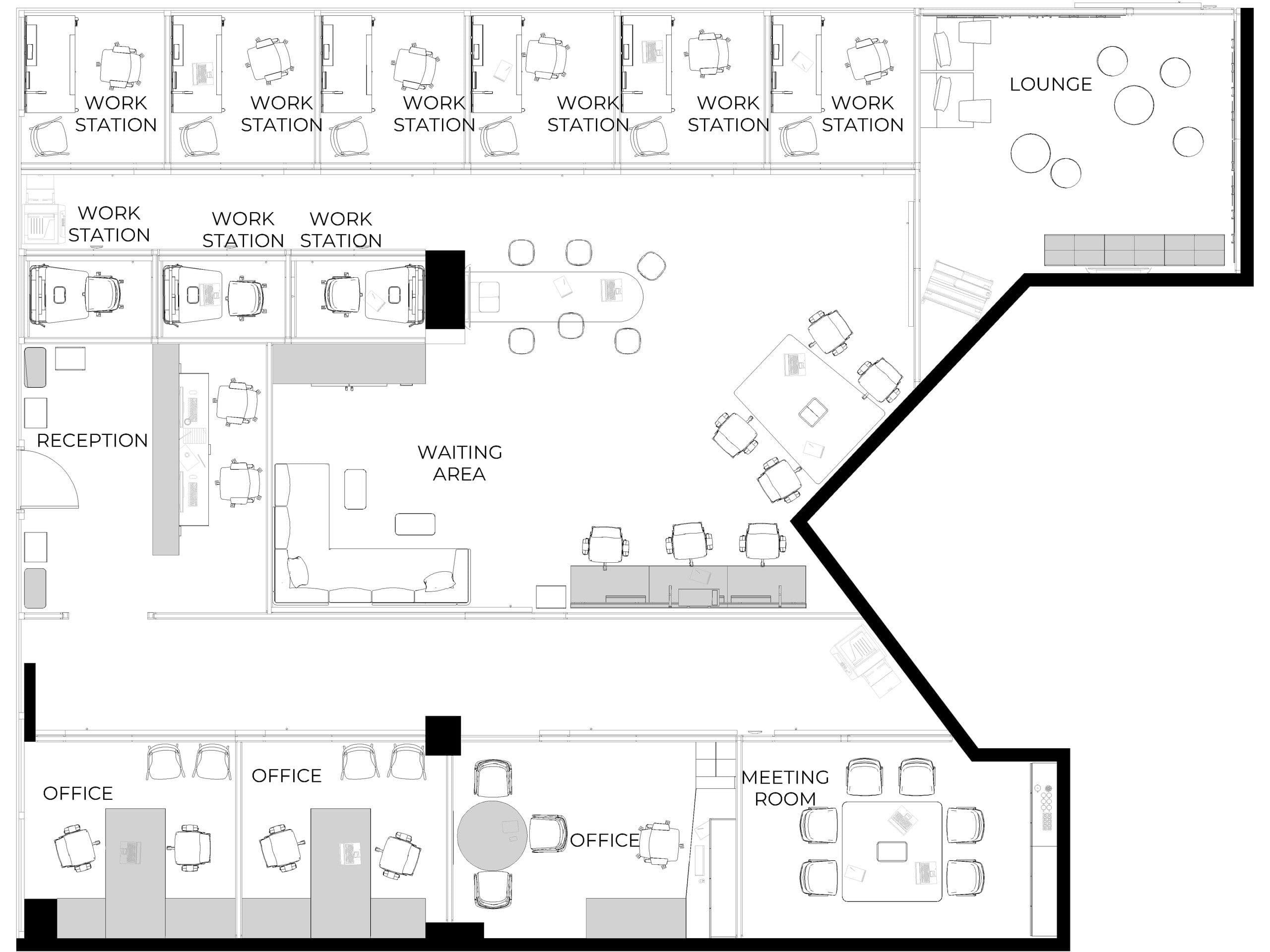 Floor plan of the Collaborative Co. coworking space, with workstations, offices, meeting room, lounge and reception