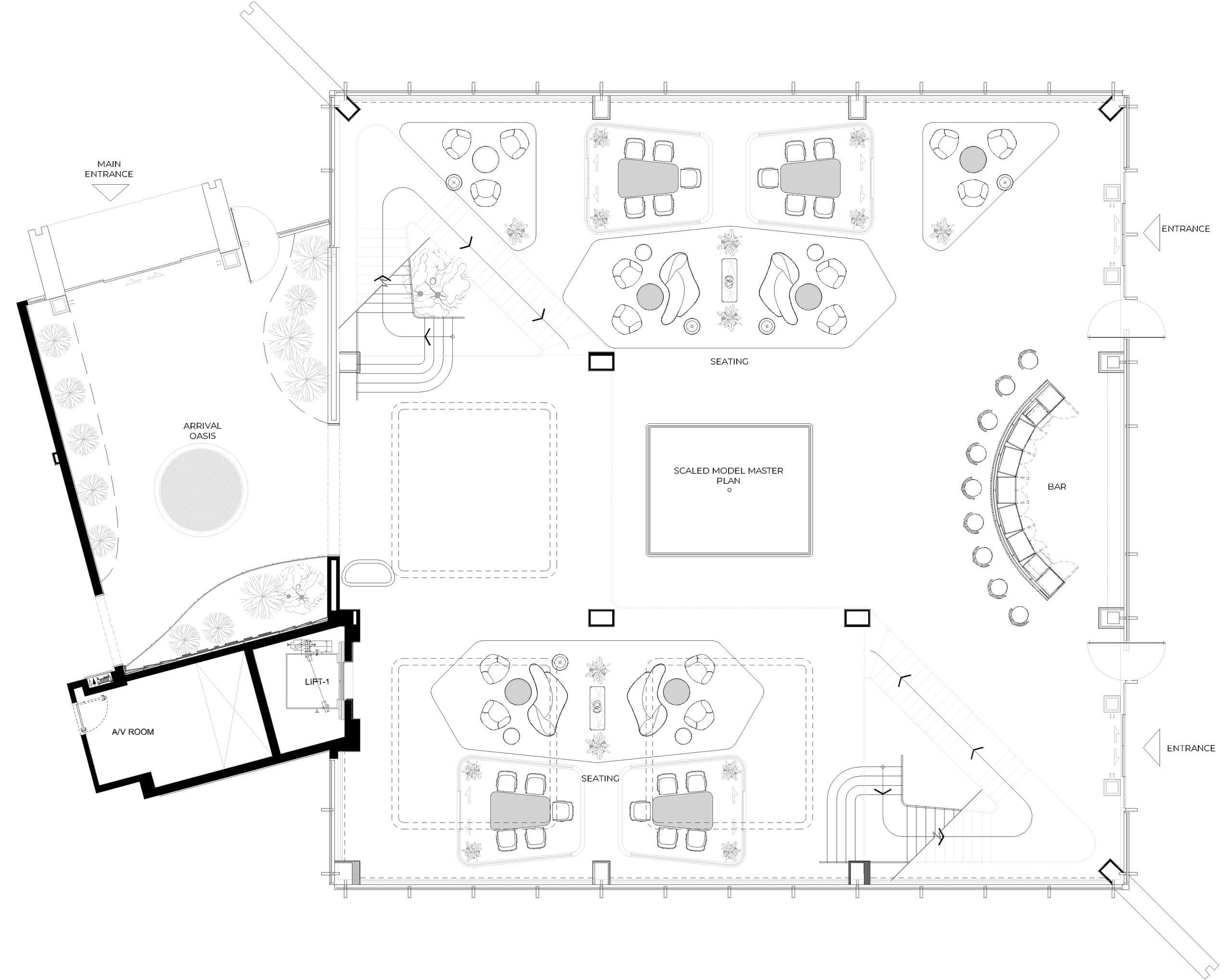 Ground floor plan of the Azizi sales centre, with the arrival oasis, seating areas, bar and model display