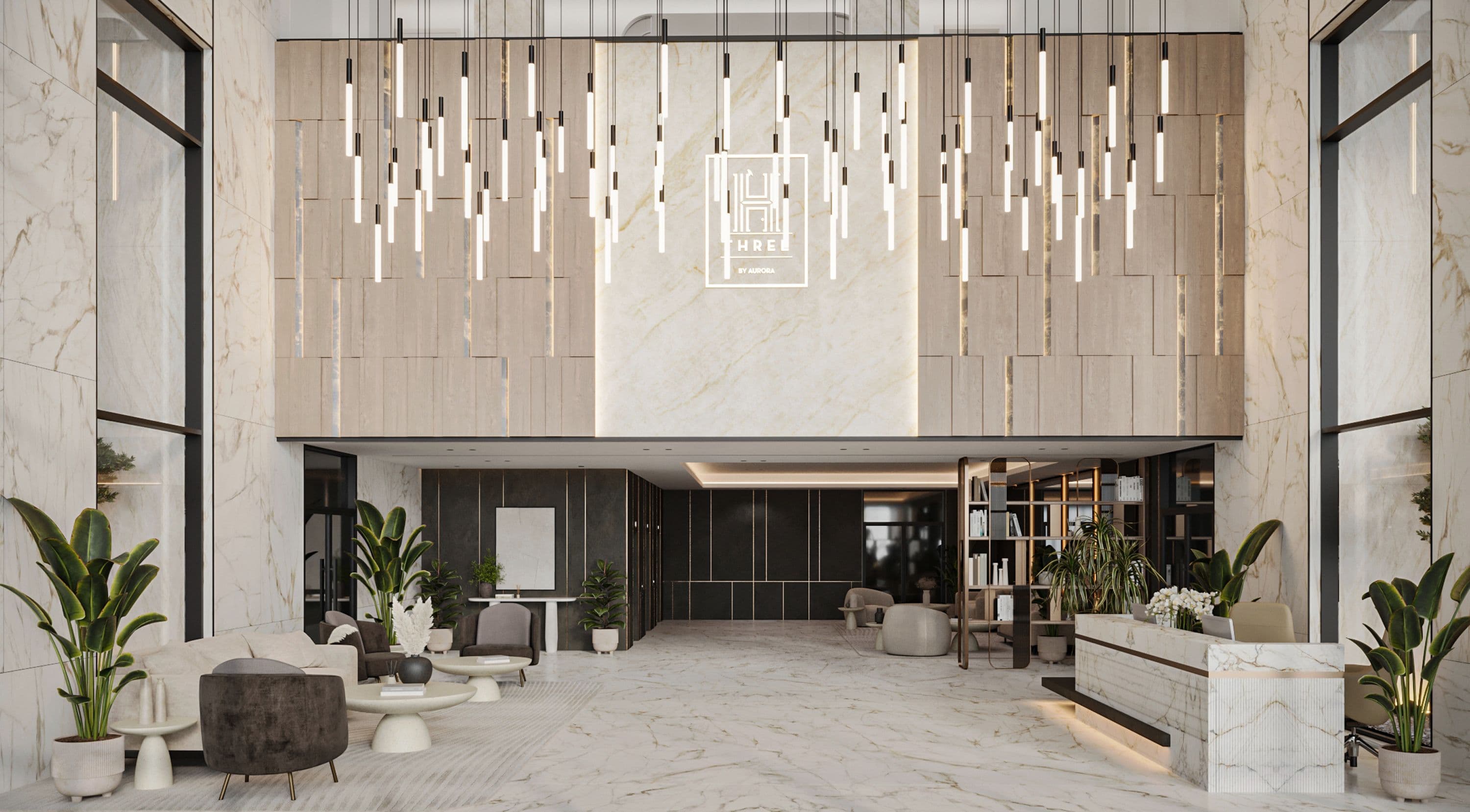 Entrance lobby with a cascade of slim pendant lights over a marble reception desk