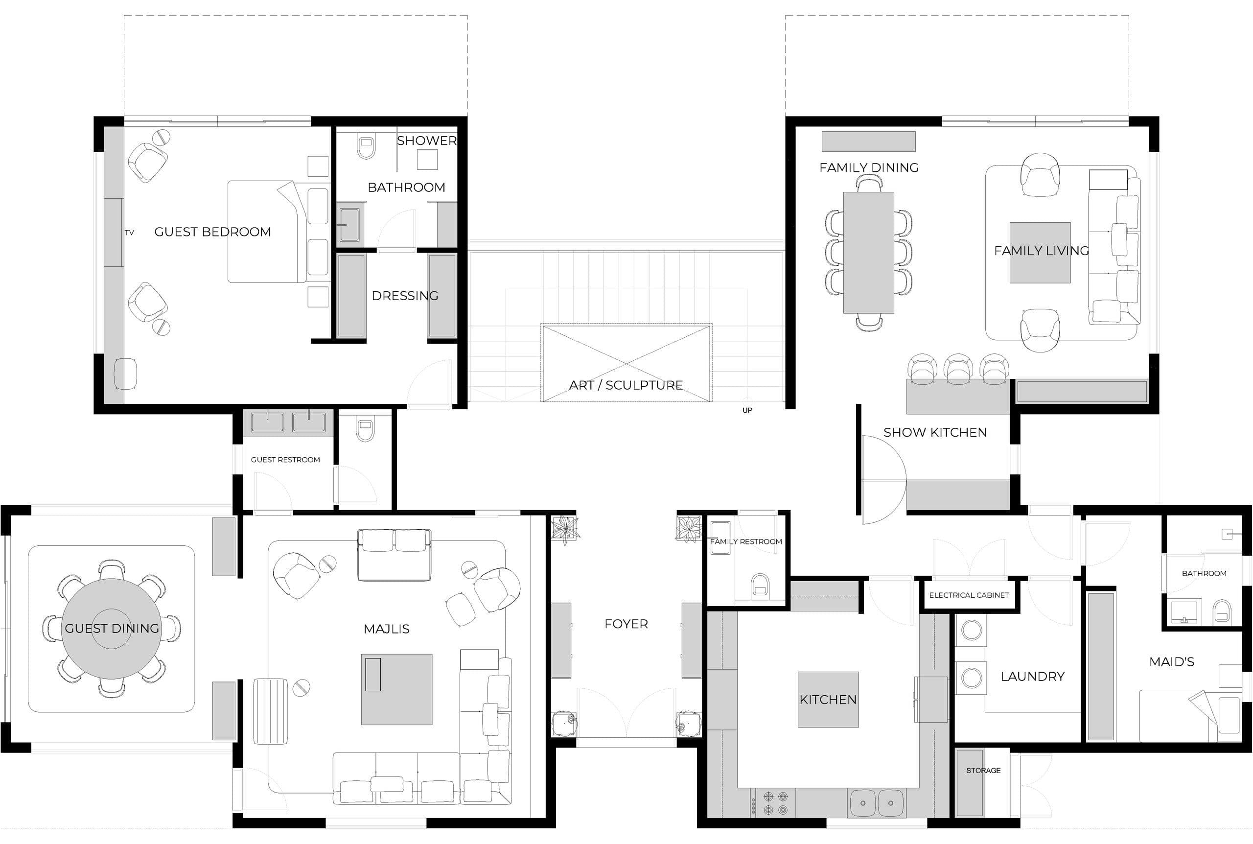 Ground floor plan of H.A.N.S Villa, with the majlis, guest dining, show kitchen, family living and service areas