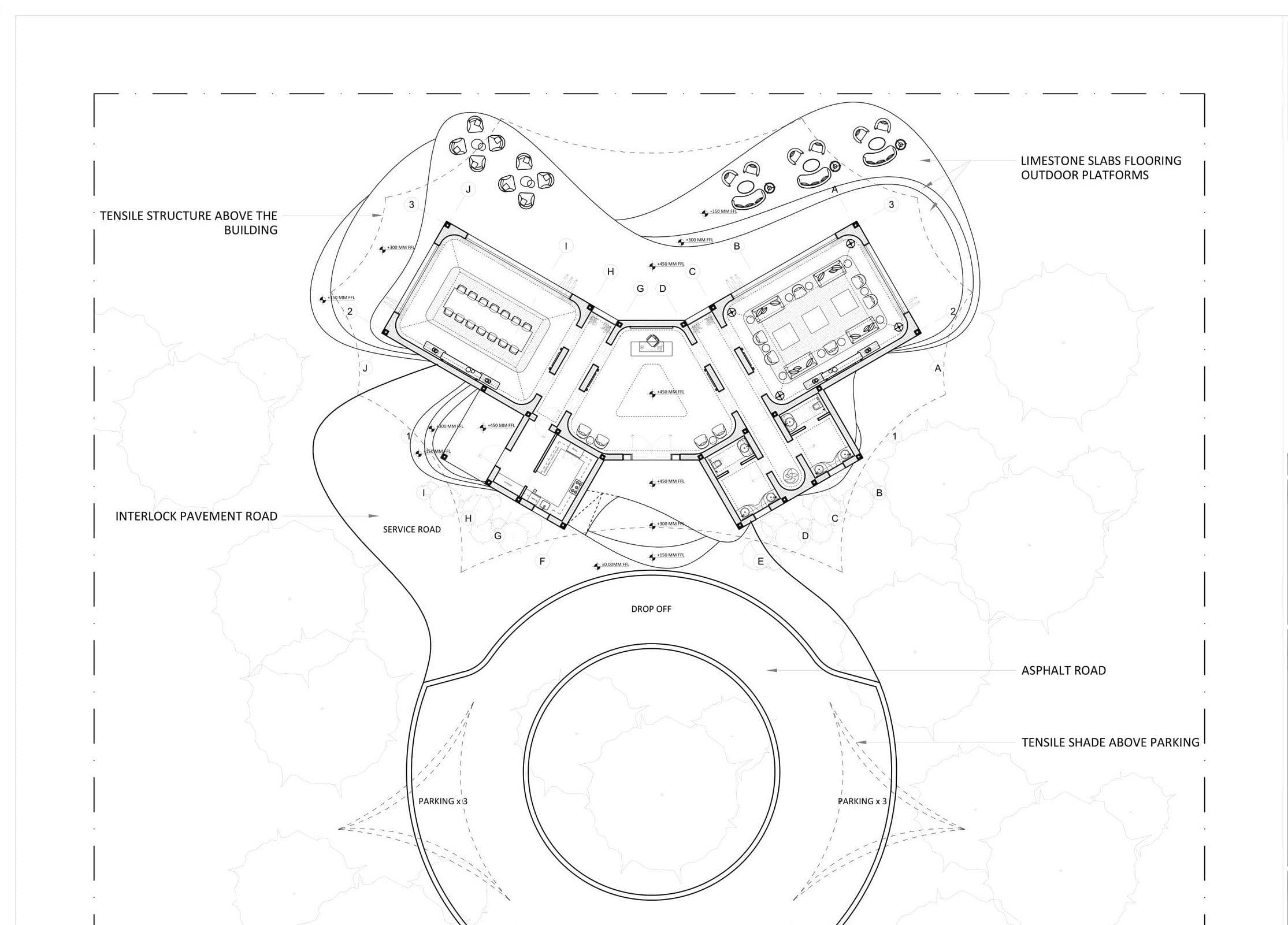 Site plan of the Hospitality Lodge showing the drop off, parking, service road and the shaded outdoor platforms around the building