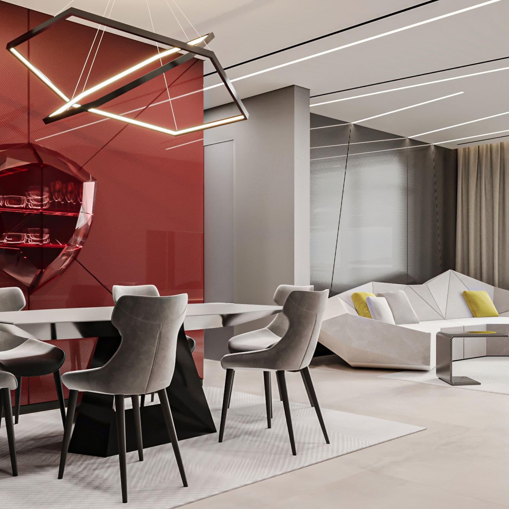 Dining table and lounge seating against a glossy red feature wall, under an angular linear pendant