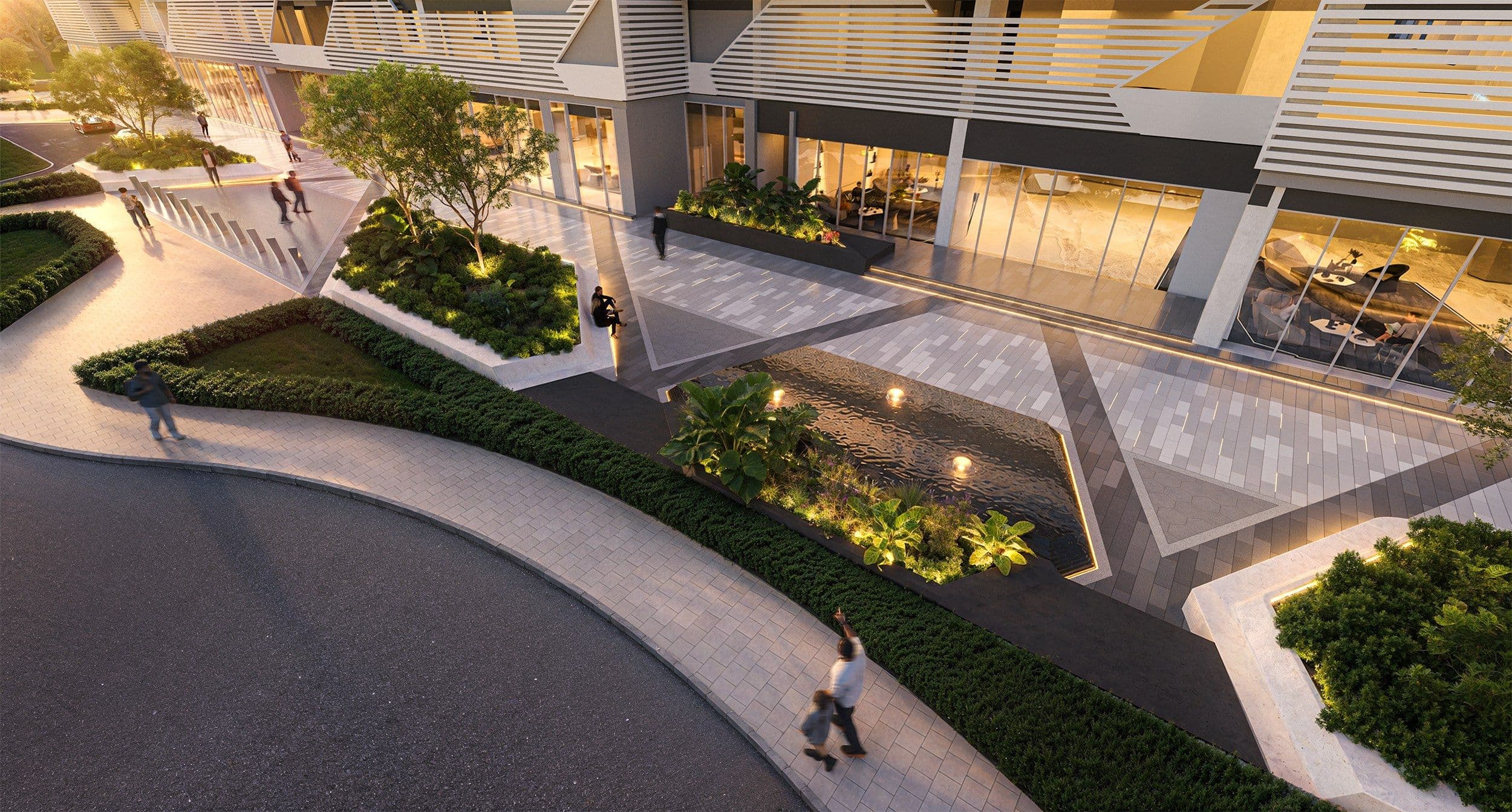 Podium garden with planted terraces and walkways between the towers