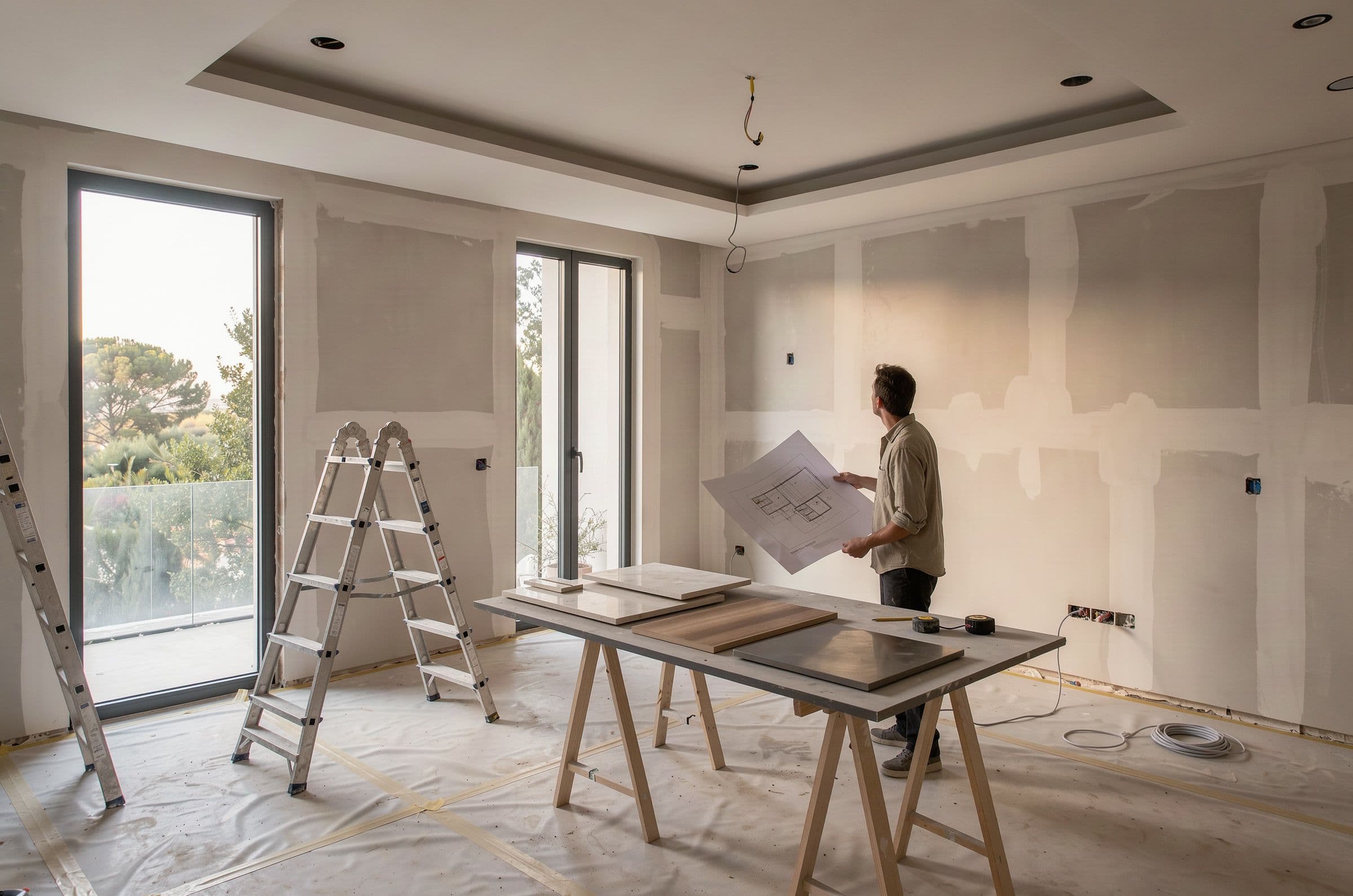 Designer checking a drawing in a villa room under renovation, with ladders and a trestle table