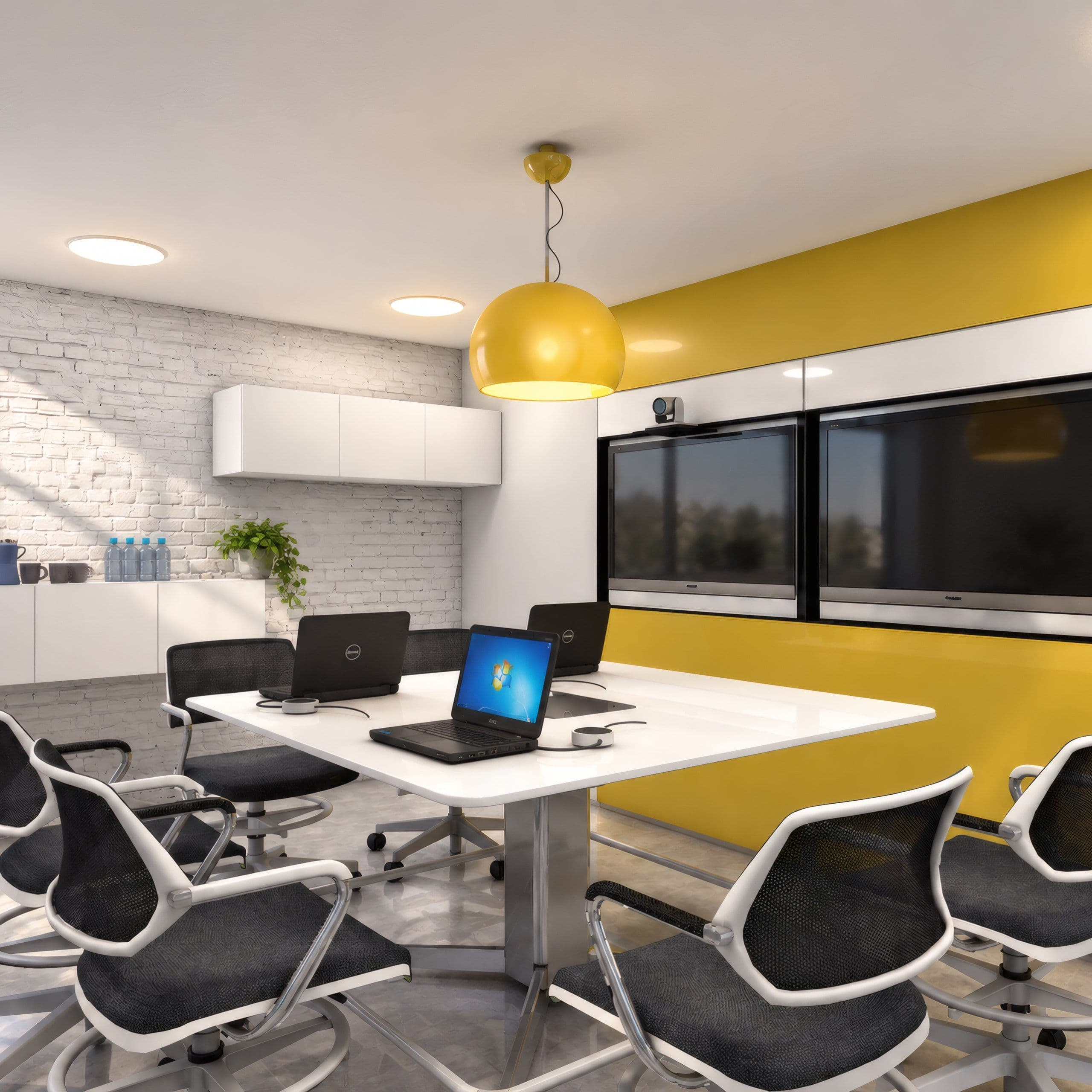 Meeting room with a yellow feature wall, a white table and a dome pendant