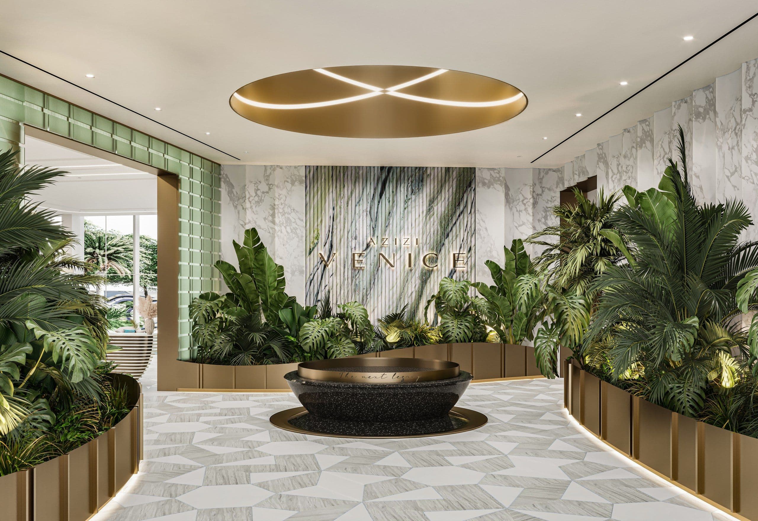 Entrance with a marble feature wall, planting and a bronze ceiling ring
