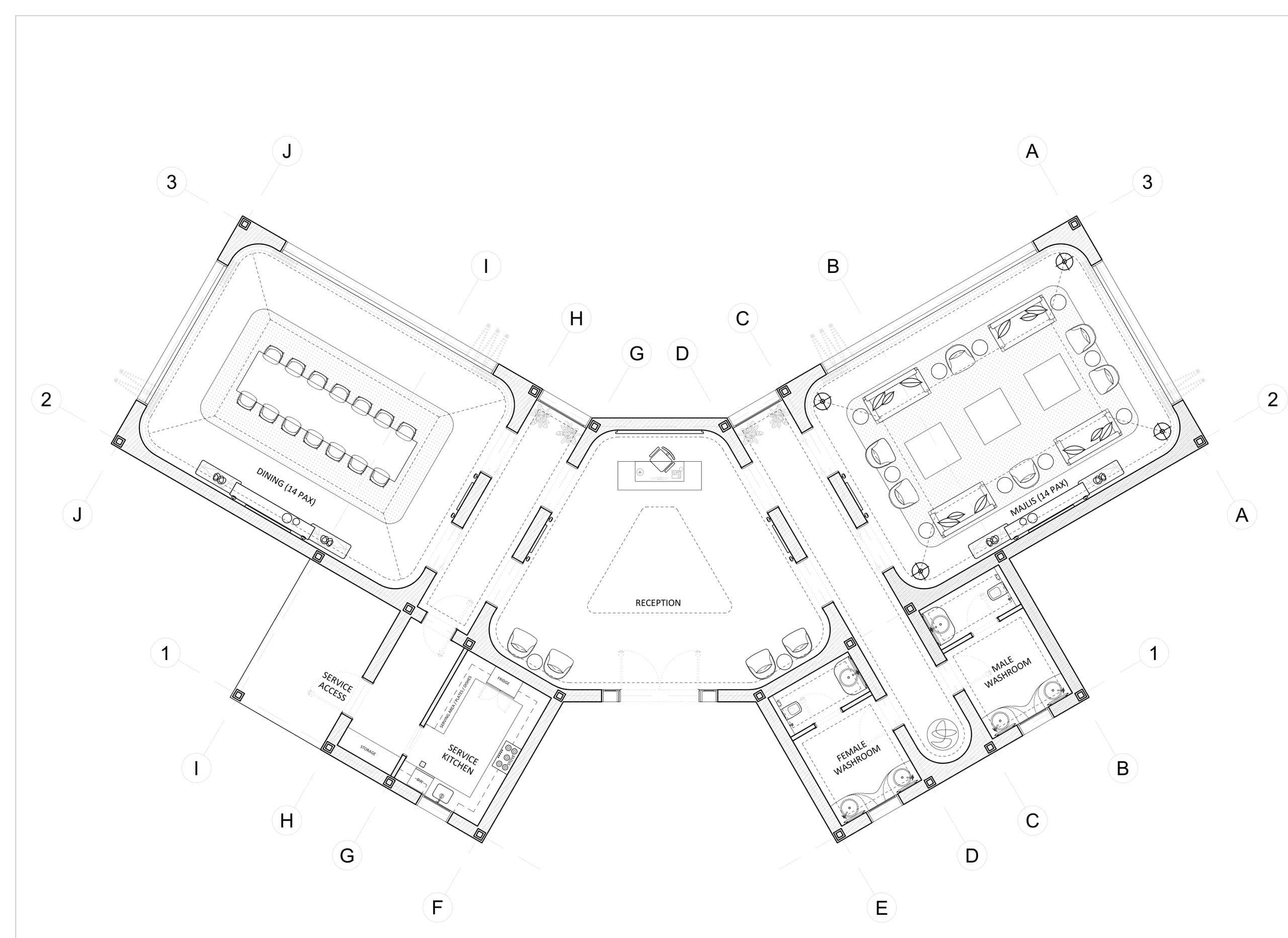 Furniture plan of the Hospitality Lodge, with the majlis, dining room, reception, service kitchen and washrooms